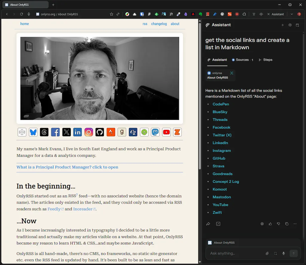 Screenshot of the OnlyRSS About page featuring a photo of the author. Below the photo is a row of colorful social media icons, representing various social platforms. On the right side, an AI assistant panel displays a Markdown list of the social links shown on the page, including CodePen, BlueSky, Threads, Facebook, Twitter (X), LinkedIn, Instagram, GitHub, Strava, Goodreads, Concept 2 Log, Komoot, Mastodon, YouTube, and Zwift.