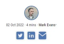 A small screesnout of the mobile view of my article byline that includes an avater, some date information, and social icons for social networks.