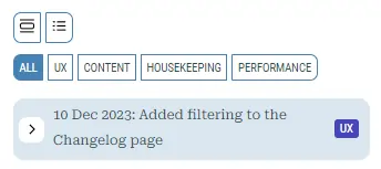 A screenshot of the top of the Changelog page (Mobile) showing the Changelog filters, and the Expand and Collapse options.