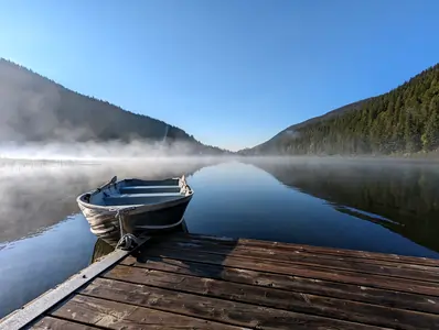 A photograph of a lake taken from a jetty. The corner of the jetty is visible in the foreground. A small rowboat is moored to the jetty. The lake is covered with a bank of light mist, either side of the lake are pine-tree covered mountains.