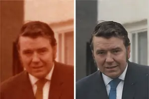 Two images of the same face, one from an old faded colour photo, and then the restored version.
